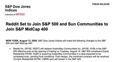 A Reuters news alert on a pink background with the headline 'Reddit Set to Join S&P 500 and Sun Communities to Join S&P MidCap 400', timestamped Monday, August 12, 2024, from S&P Dow Jones Indices.