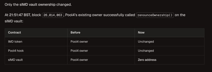 A technical post explains that only the sIMD vault ownership changed, showing Pool4's owner successfully called renounceOwnership() at block 26,014,063, changing the vault to a Zero address while the iMD token and Pool4 hook remained unchanged.