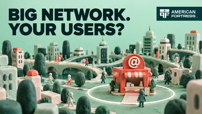 A promotional graphic for 'American Fortress' features the large text 'BIG NETWORK. YOUR USERS?' overlaid on a 3D claymation-style miniature city with a central building marked with an '@' symbol.