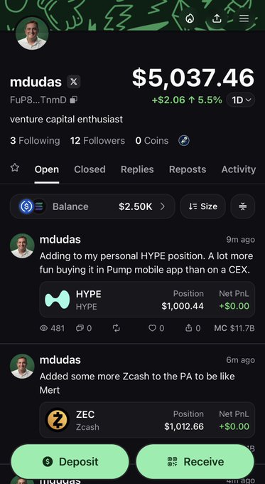 A mobile trading app profile for user "mdudas" displays a portfolio balance of $5,037.46 with a recent post showing the addition of $1,000.44 in HYPE token to his position, along with a Zcash (ZEC) holding of $1,012.66, promoting his presence on the @pumpfun mobile app for personal PA trading.