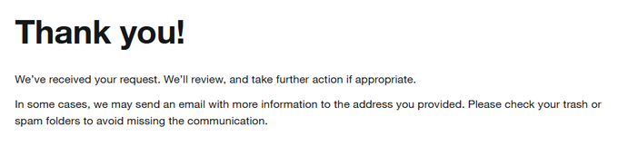 A confirmation message displaying 'Thank you!' indicating a request has been received and will be reviewed, with a note to check email folders including spam.