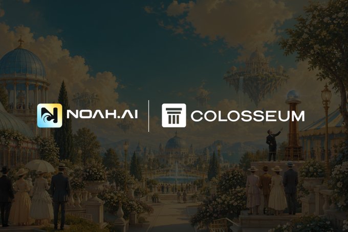 A promotional graphic featuring logos for 'NOAH.AI' and 'COLOSSEUM' overlaid on a classical painting of a grand garden with floating structures.