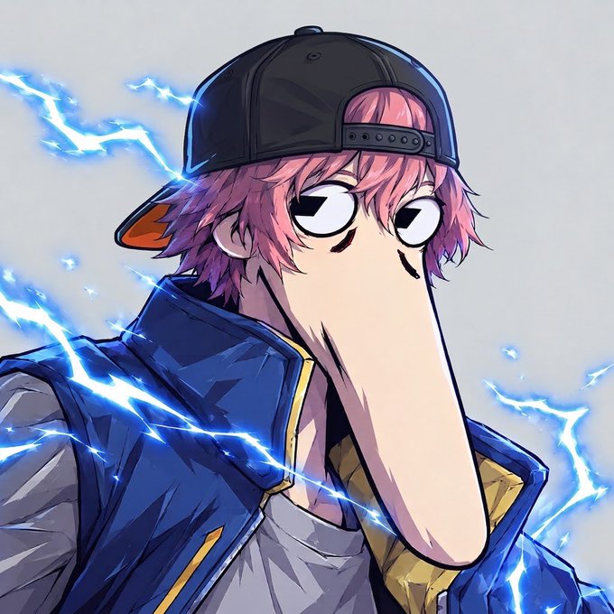 An anime-style illustration of a pink-haired character wearing a backwards black cap and blue jacket, with an exaggerated chibi-style face and blue lightning effects in the background.