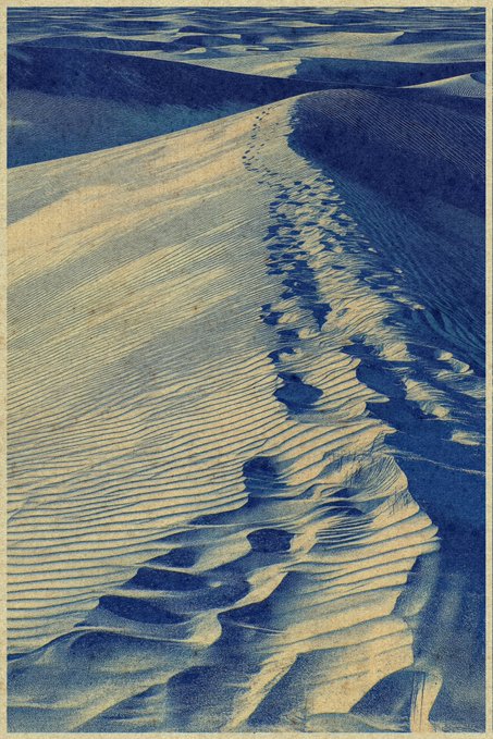 A blue-toned illustration of sand dunes with a trail of footprints winding through the rippled sand, signed 'CM' in the lower right corner.