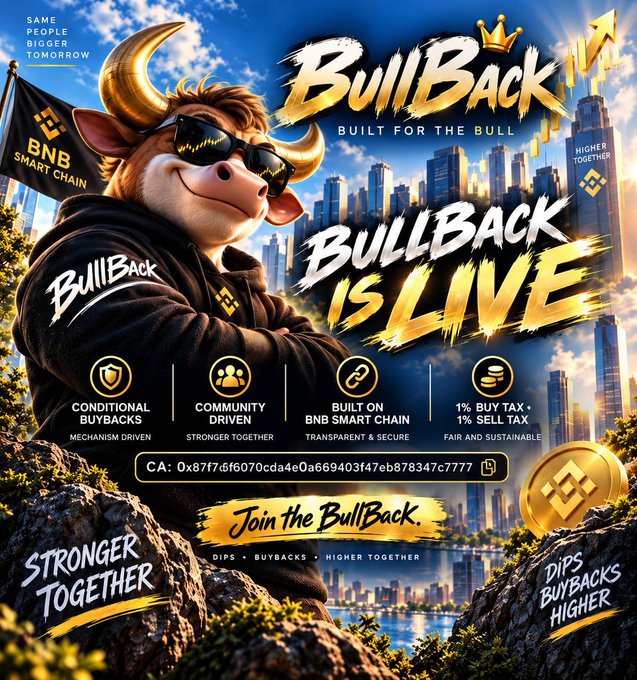 A vibrant promotional poster for 'BullBack' featuring a cool bull mascot with sunglasses, text 'BULLBACK IS LIVE', 'BUILT FOR THE BULL', highlighting features like 'CONDITIONAL BUYBACKS', 'COMMUNITY DRIVEN', 'BUILT ON BNB SMART CHAIN', '1% BUY TAX • 1% SELL TAX', and a contract address starting with 'CA: 0x87f4...'.