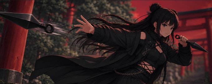An anime-style illustration of a dark-haired female character in black clothing wielding a spear or polearm weapon, set against a red sky with traditional Japanese torii gates in the background.