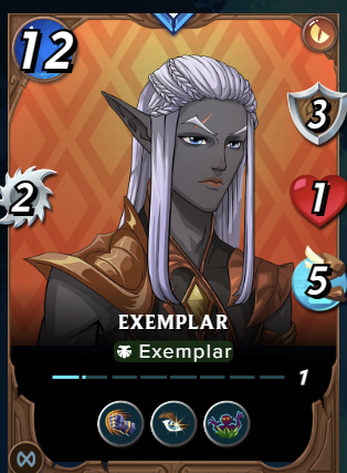 The image features a character named "Exemplar" with long white hair, dressed in an orange outfit, standing against a backdrop of a red and gold patterned wall. The character's face has blue eyes and a serious expression. In the bottom right corner of the image, there is text that reads "My 1st battle using my exemplar (my own created card) in @splinterlands ... Watch the W below splinterlands.com/battle/sl_0d33". The character's name and the text are both written in black against a white background.
