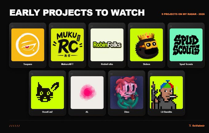 A graphic titled 'EARLY PROJECTS TO WATCH' by 0xValmir displaying nine NFT project logos including Tsuyans, MukuroNFT, RobinFolks, Slobos, Spud Scouts, HoodCatZ, AL, Dino, and Lil Banditz.