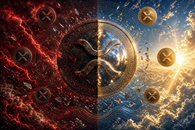 A dramatic split image of the XRP logo coin, with the left side showing a dark red fiery aesthetic and the right side showing a bright golden sunlit aesthetic.