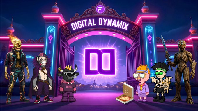 The image features a cartoon-like scene with five cartoon characters standing next to each other, possibly representing different companies or individuals. The background of the image has a purple color scheme, which complements the cartoon characters' colors. In the center of the image, there is an archway that reads "Digital Dynamix" in white letters. A pizza can be seen on the right side of the image, and a book is placed near one of the characters. The overall scene appears to be a promotional or advertisement for Digital Dynamix, with the cartoon characters possibly representing different companies or individuals associated with the company's name.