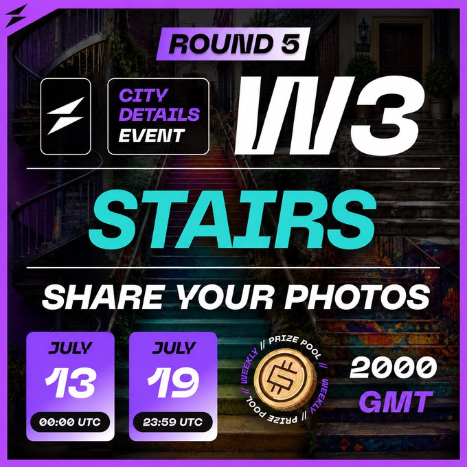 A promotional graphic for 'STEPN ROUND 5 CITY DETAILS EVENT' with the theme '1V3 STAIRS,' inviting users to share photos between July 13-19, with a prize pool of 2000 GMT.