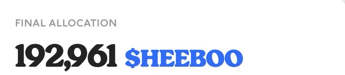 A text display showing 'FINAL ALLOCATION' of '192,961 $HEEBOO' in black and blue text on a white background.