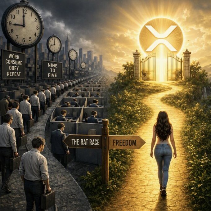 A conceptual illustration contrasts a gray, clock-dominated world of office workers labeled 'WORK CONSUME OBEY REPEAT' and 'NINE TO FIVE' on one side, with a bright, sunlit path labeled 'FREEDOM' and the XRP logo on the other, as a woman walks toward the light past a signpost reading 'THE RAT RACE'.