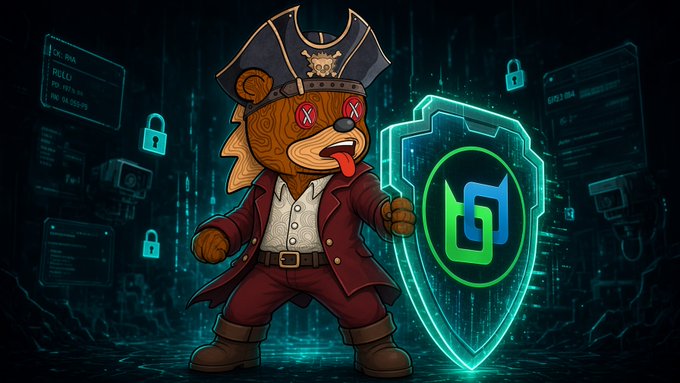 A cartoon bear dressed as a pirate with an eye patch is giving a thumbs up while holding a shield with a crypto logo, set against a digital/cybersecurity background with padlock icons.
