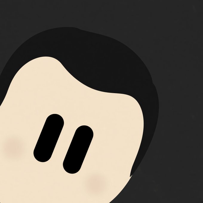 A close-up of a cartoon illustration showing a pale face with simple black line eyes, pink cheeks, and black hair against a dark gray background.