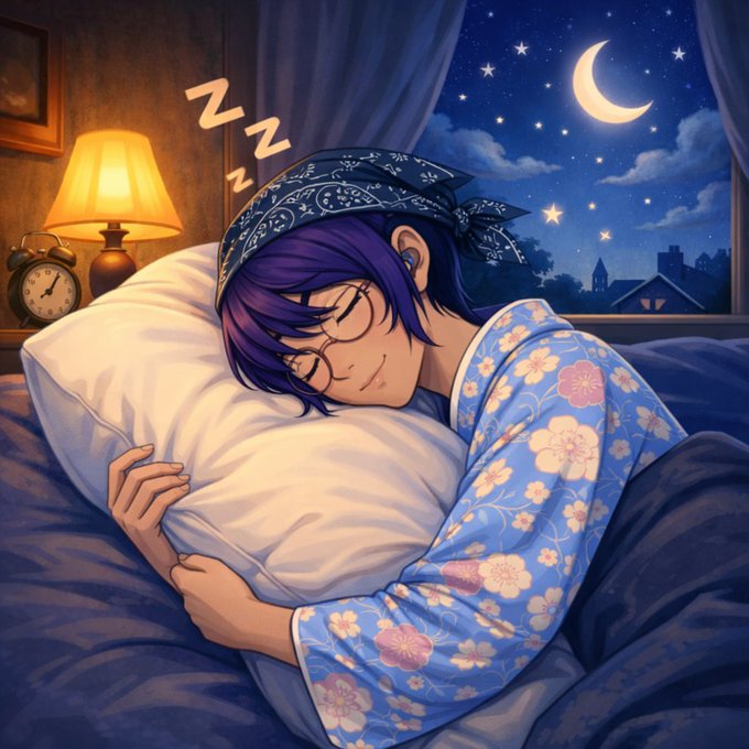 An anime-style illustration of a purple-haired girl with glasses and a blue bandana peacefully sleeping on a pillow in a floral yukata, while 'Zzz' floats above her head against a night sky with a crescent moon.