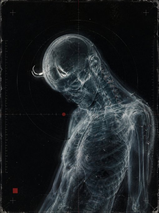 A dark, stylized digital artwork depicting a translucent x-ray-like human figure with a hooked nose and sharp features, overlaid with targeting reticles, grid lines, and a small red square.