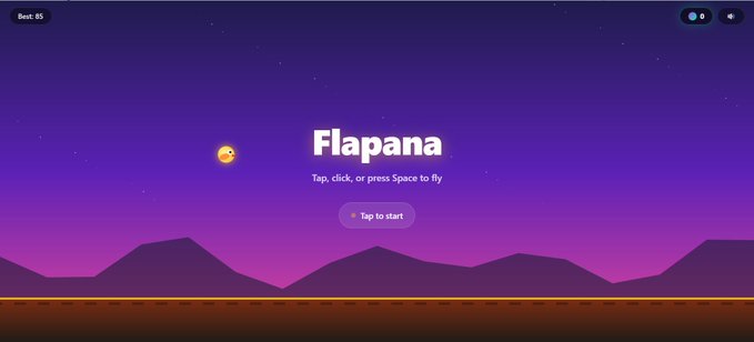 The image features a website called "Flapana" with a purple background, which has a game that allows users to fly through space using a joystick. The website also provides information about the game and offers tips for playing. It appears to be an addictive game designed for players who want to earn tokens by completing tasks or challenges in the game.