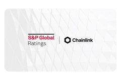 A graphic featuring the S&P Global Ratings logo alongside the Chainlink logo on a light background, illustrating Chainlink's credibility as a trusted partner chosen by major global exchanges.