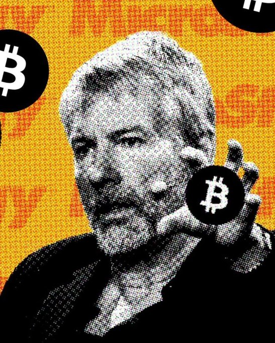 A halftone-style portrait of Michael Saylor holding a Bitcoin between his fingers, surrounded by floating Bitcoin logos on an orange background with faint Bitcoin symbols, visually emphasizing his deep involvement with BTC. The image complements the post by highlighting Saylor's massive 846,000 Bitcoin holdings and the criticism he faces during market downturns.