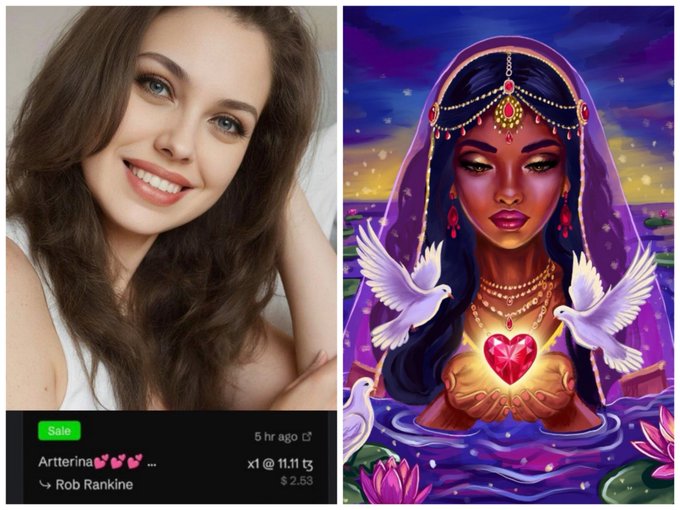 A split image shows a smiling young woman labeled 'Artterrina' on the left with a sale timestamp 'x1 @ 11.11 t₃ $2.53', and on the right an illustration of a woman in a purple veil holding a glowing heart with white doves, signed 'Rob Rankine'.
