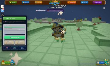 The image presents a screenshot of a computer screen displaying Minecraft, an open-world video game platform. The player's character, wearing a hat, is standing in the middle of a large field with various buildings visible in the distance. The background includes trees and mountains. A small amount of text can be seen on the screen, providing details about this specific game session including a recent completion of tasks and a pool of special attack points worth 6K market cap that are available for players to earn.
