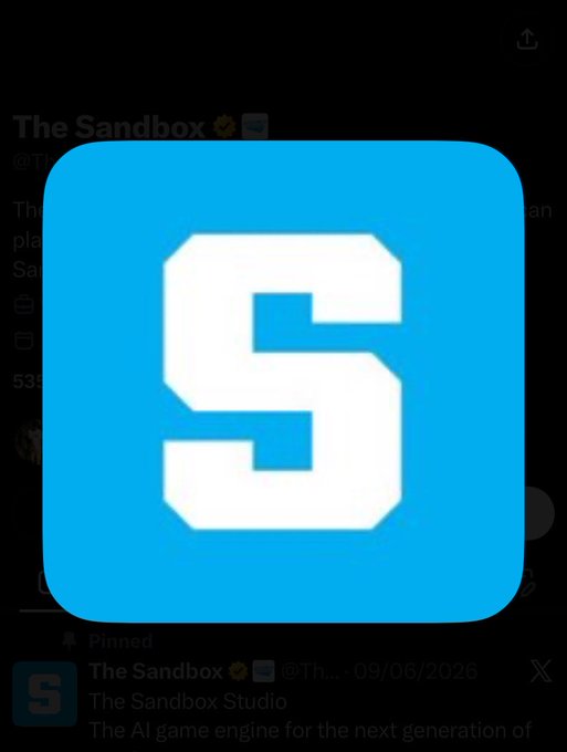 A bright blue square icon with a white letter 'S' is displayed, with partially visible text 'The Sandbox' and 'The Sandbox Studio' in the background.