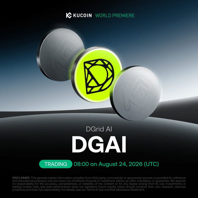 Promotional image announcing the KuCoin World Premiere listing of DGrid AI (DGAI), featuring three floating digital coins with a green geometric emblem, with trading set to begin at 08:00 UTC on August 24, 2026—matching the post's announcement of DGAI's debut on KuCoin Spot.
