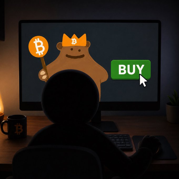 The image shows a person sitting at a desk with a computer monitor displaying an animated cartoon bear holding a sign that reads "BUY". The cartoon bear appears to be selling something, possibly Bitcoins or another digital currency, as indicated by the text on the screen. This scene is related to the post titled "Should I buy a little more $GRIZZY?".