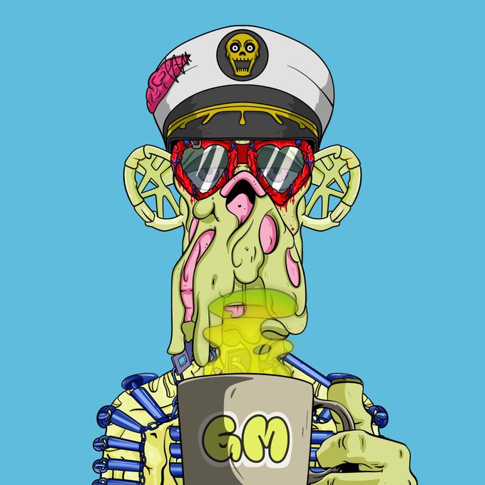 A grotesque cartoon character with a melting face, wearing a captain's hat with a brain emblem, sunglasses, and holding a mug with "GM" on it.