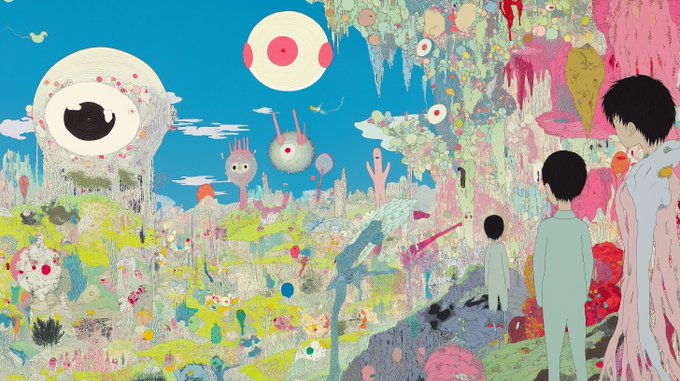 A surreal, colorful illustration in the style of contemporary Japanese art, featuring figures in pajamas observing a whimsical landscape filled with eyeballs, floating creatures, and pastel textures.