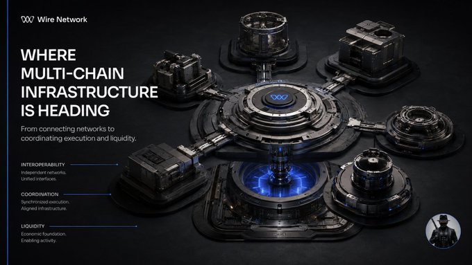 A slide titled 'WHERE MULTI-CHAIN INFRASTRUCTURE IS HEADING' by Wire Network, featuring a futuristic machine graphic and listing Interoperability, Coordination, and Liquidity features.