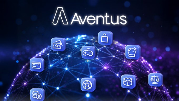 The image features a large blue globe with various icons representing different aspects of technology, such as gaming, shopping, and transportation. These icons are arranged in a grid-like pattern, creating an interactive display that showcases the diverse range of products and services available within the appchain. The text "Aventus" is also present on the image, which could be related to the appchain or simply a part of the overall design.