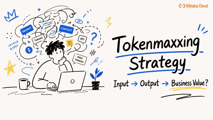 The image features a man sitting at a desk, working on his laptop computer while thinking about a strategy for tokenmaxxing. The background of the image shows various elements related to the concept of tokenmaxxing, such as logos or icons representing different aspects of the strategy. The text in the image reads "Tokenmaxxing Strategy" and "Input/Output", suggesting that the man is considering how to optimize his tokenmaxxing strategy for maximum efficiency.