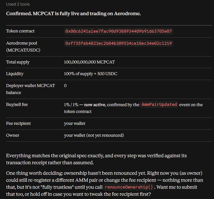 A confirmation message stating 'MCPCAT is fully live and trading on Aerodrome,' listing token contract addresses, total supply of 100,000,000,000 MCPCAT, and deployment details.