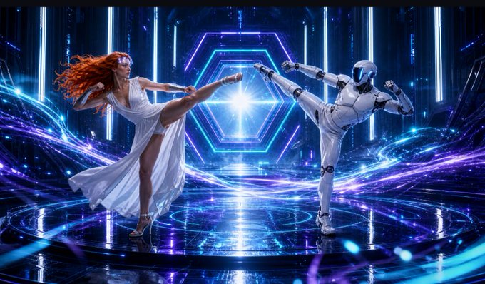 A vibrant digital artwork depicting a red-haired woman in a white dress and silver visor performing a high kick against a futuristic, humanoid robot in a neon-lit, sci-fi environment with glowing blue and purple hexagonal patterns.