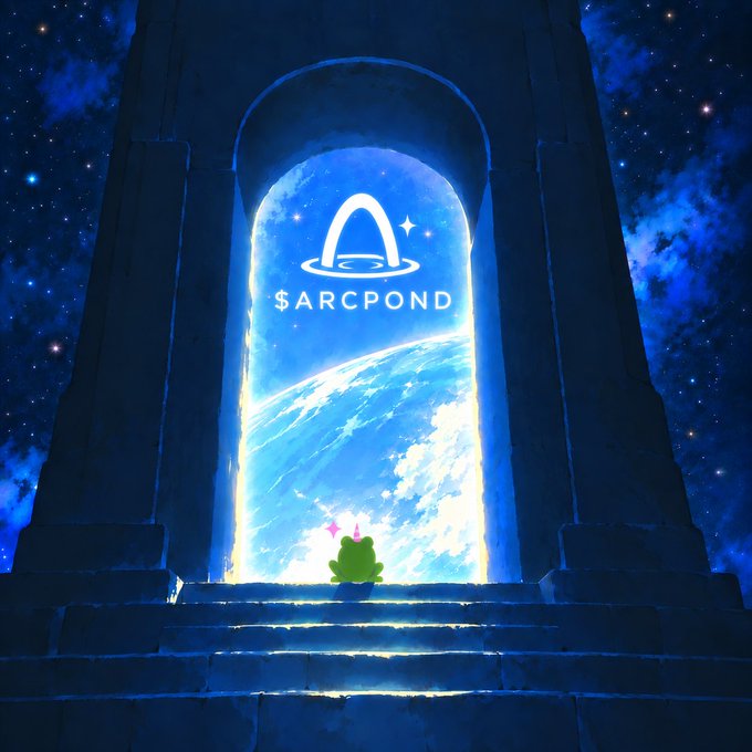 An artistic illustration showing a small green character sitting on stone steps looking through a glowing archway at Earth, with the '$ARCPOND' logo floating in the cosmic sky.