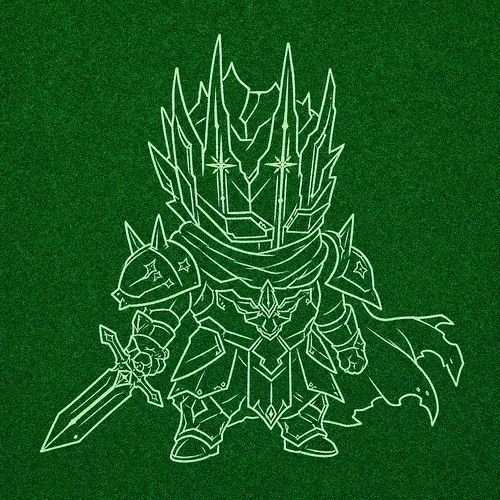 A chibi-style knight character line drawing on a green background, wielding a large sword and wearing spiked armor with a crown.