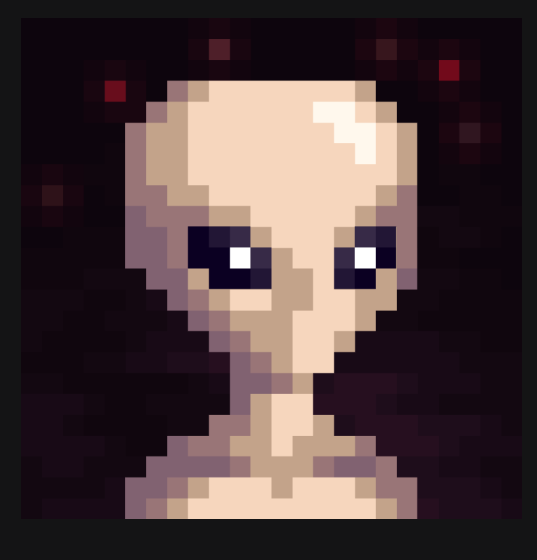 A pixel art portrait shows a pale, bald, androgynous figure with large dark eyes against a dark red and black background.