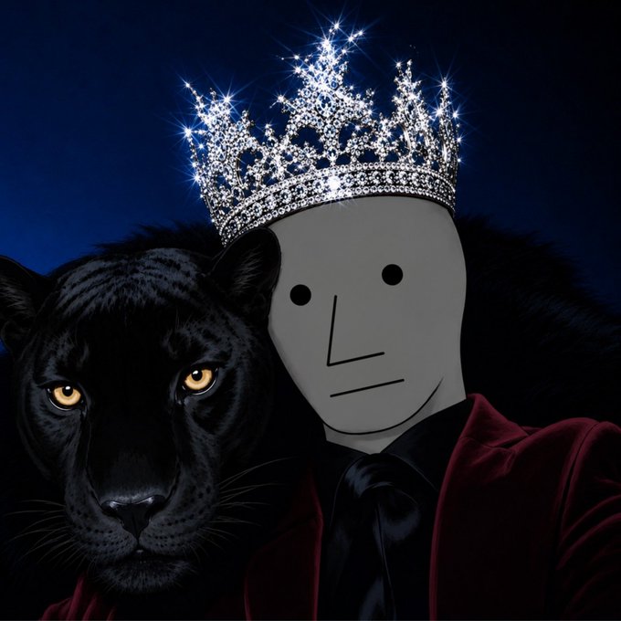 An illustration features a black panther alongside a figure with a minimalist drawn face wearing a glittering diamond crown and a red velvet jacket against a dark blue background.