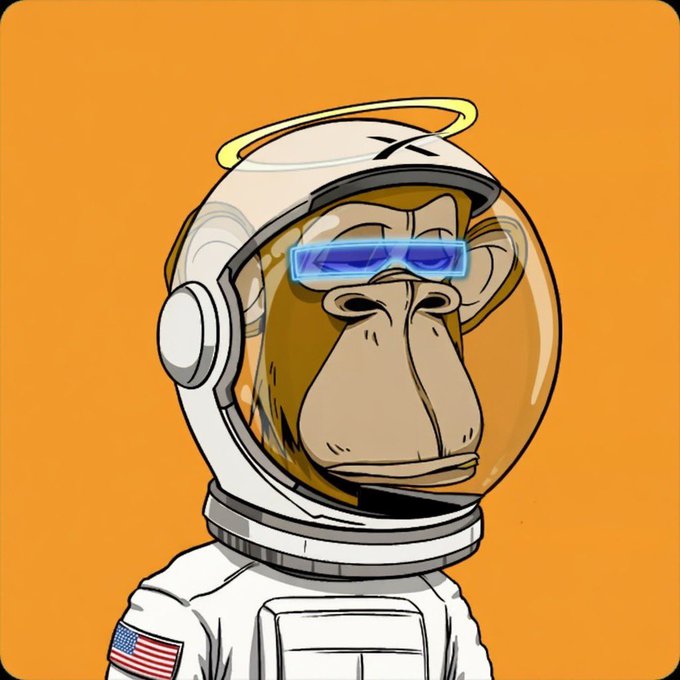 The image features a cartoon monkey wearing an orange jumpsuit, which appears to be a space suit or astronaut costume. The monkey has a helmet with goggles attached that are blue in color. The background of the image is orange, providing a vibrant contrast to the monkey's outfit and making it stand out. In the corner of the image, there is text that reads "I cannot believe I own this BAYC". This text seems to be related to the monkey or its costume, possibly indicating that someone has created an artwork featuring the monkey in space-themed attire.