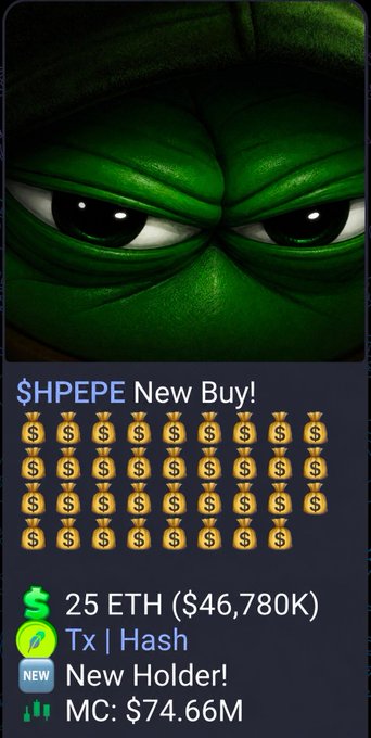 A Pepe meme graphic announcing a new $HPEPE token buy, showing 25 ETH spent ($46.78K) with a market cap of $74.66M.