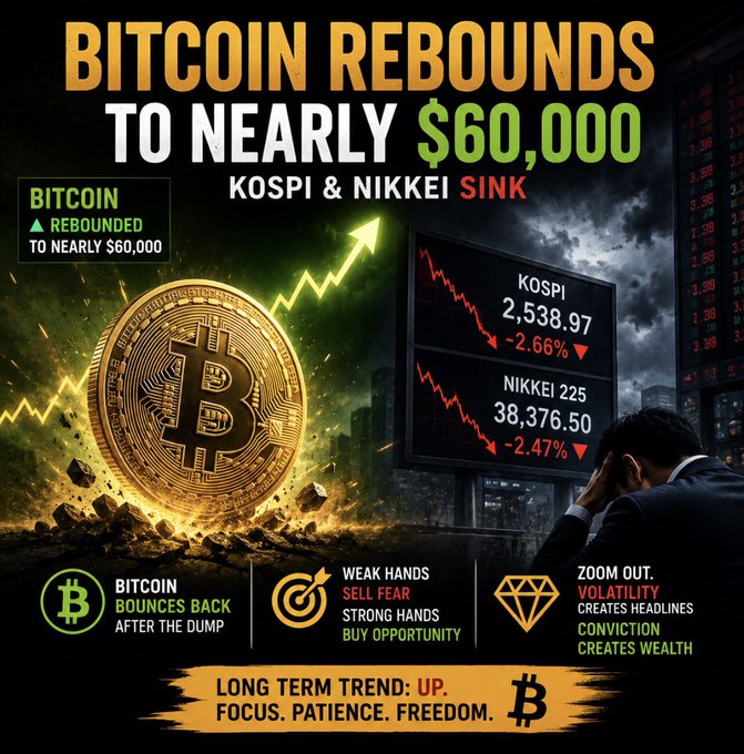 A financial graphic showing Bitcoin rebounding to nearly $60,000 with an upward arrow, contrasted against the KOSPI (2,538.97, -2.66%) and Nikkei 225 (38,376.50, -2.47%) displayed on stock market screens showing losses, illustrating the post's theme of Bitcoin recovering while traditional Asian markets decline. The image reinforces the caption's message with messaging like "Weak hands sell fear, Strong hands buy opportunity" and "Conviction creates wealth," visually contrasting Bitcoin's resilience against panicked stock markets.