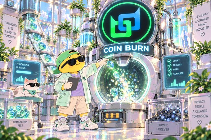 A digital illustration shows a yellow cartoon character wearing a green cap and sunglasses standing next to a futuristic machine labeled 'COIN BURN', with a cat companion nearby.