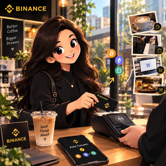 An anime-style Binance advertisement showing a woman using a Binance card to pay for coffee, with crypto icons (Bitcoin, Ethereum, USDT) and lifestyle images representing shopping and dining.