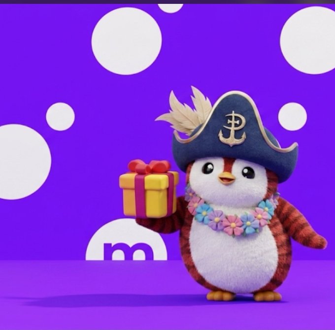 A cute penguin mascot character wearing a pirate hat and flower lei, holding a yellow gift box with a red bow against a purple background with white circles and a Monopoly 'M' logo.