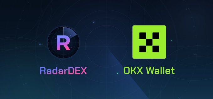 The image features the logos of RadarDEX and OKX Wallet side by side on a dark radar-themed background, visually representing their integration partnership. This aligns with the announcement that OKX Wallet users will be able to access and trade RadarDEX tokens directly through OKX Wallet starting September 16 on Arc mainnet.