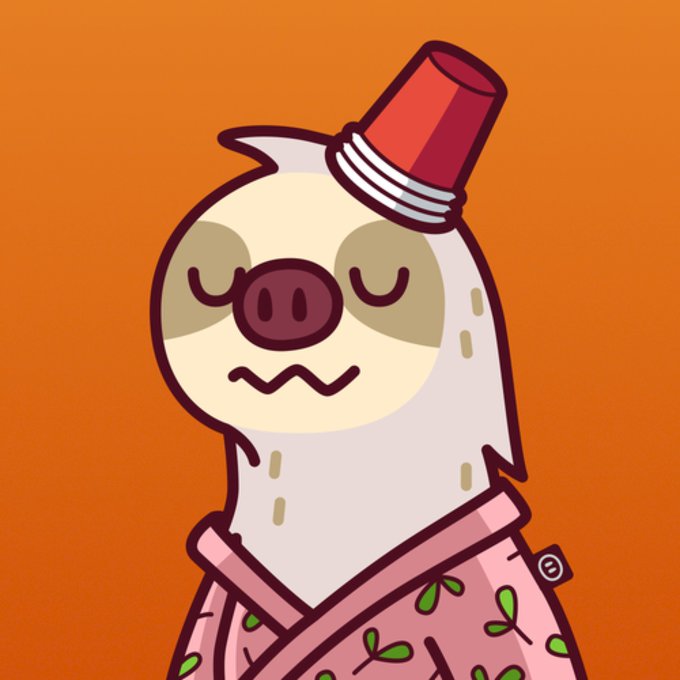 A cartoon illustration of a stylized pig-like creature with closed eyes and a wavy mouth, wearing a thimble on its head and a pink floral garment, set against an orange background.