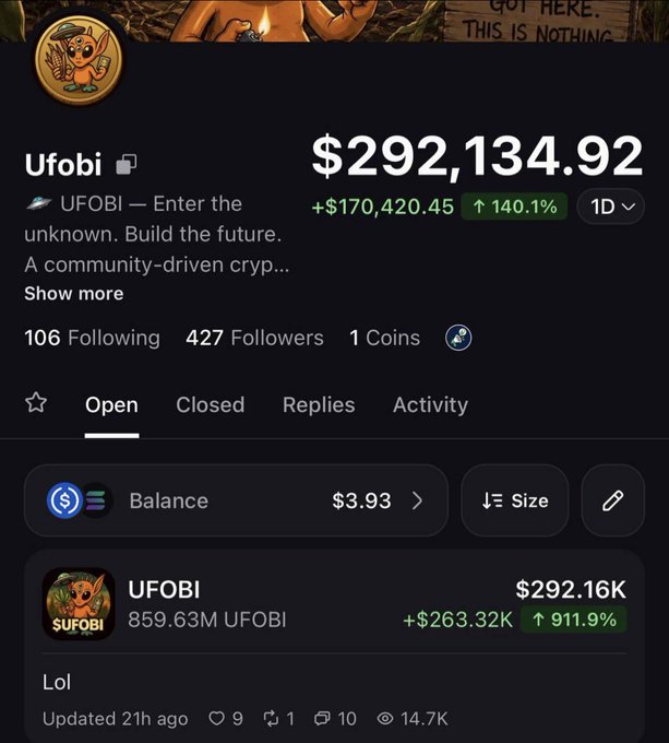 A screenshot of a crypto token page for 'Ufobi' ($UFOBI) showing a balance of $292,134.92 with a +140.1% gain, 427 followers, and a UFI listing with 859.63M UFOBI.