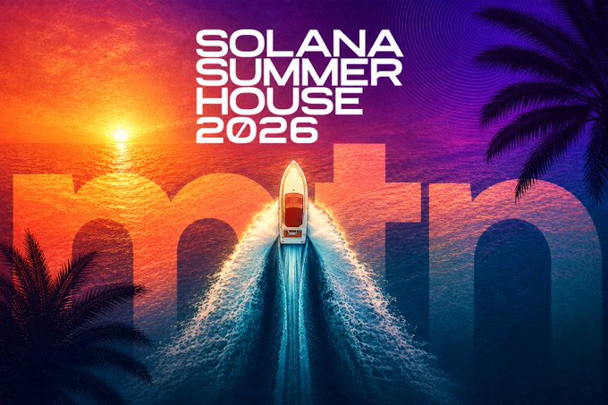 A vibrant retro-styled digital poster reading 'SOLANA SUMMER HOUSE 2026' featuring a boat on water at sunset with palm trees.